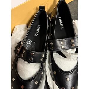 Lumuta Black Flat Mary Jane Faux Leather Studded Silver Buckle Box Size 8 New